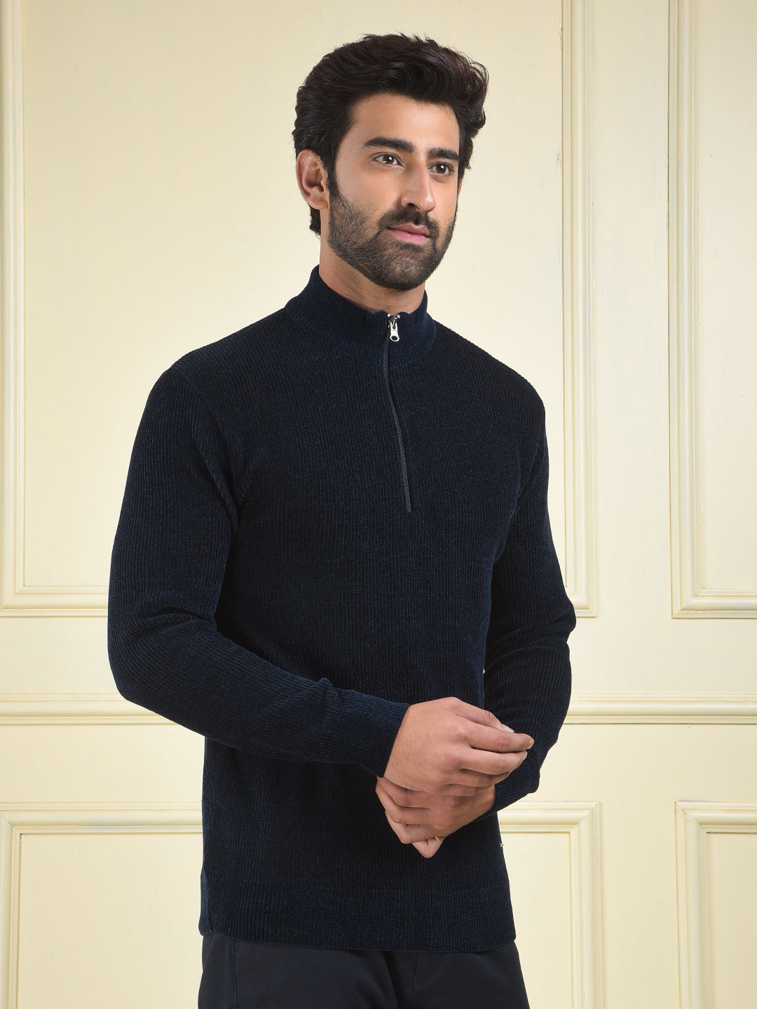 Blue Jacquard High Neck Sweater