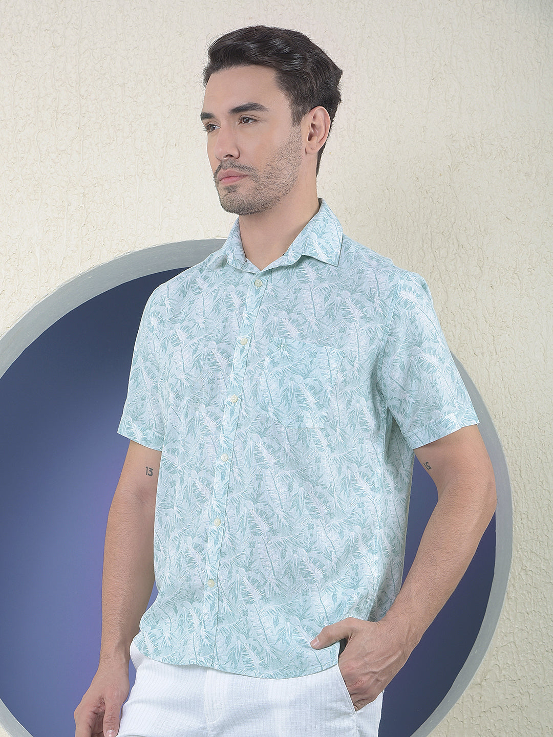 Green Floral Printed Linen Shirt