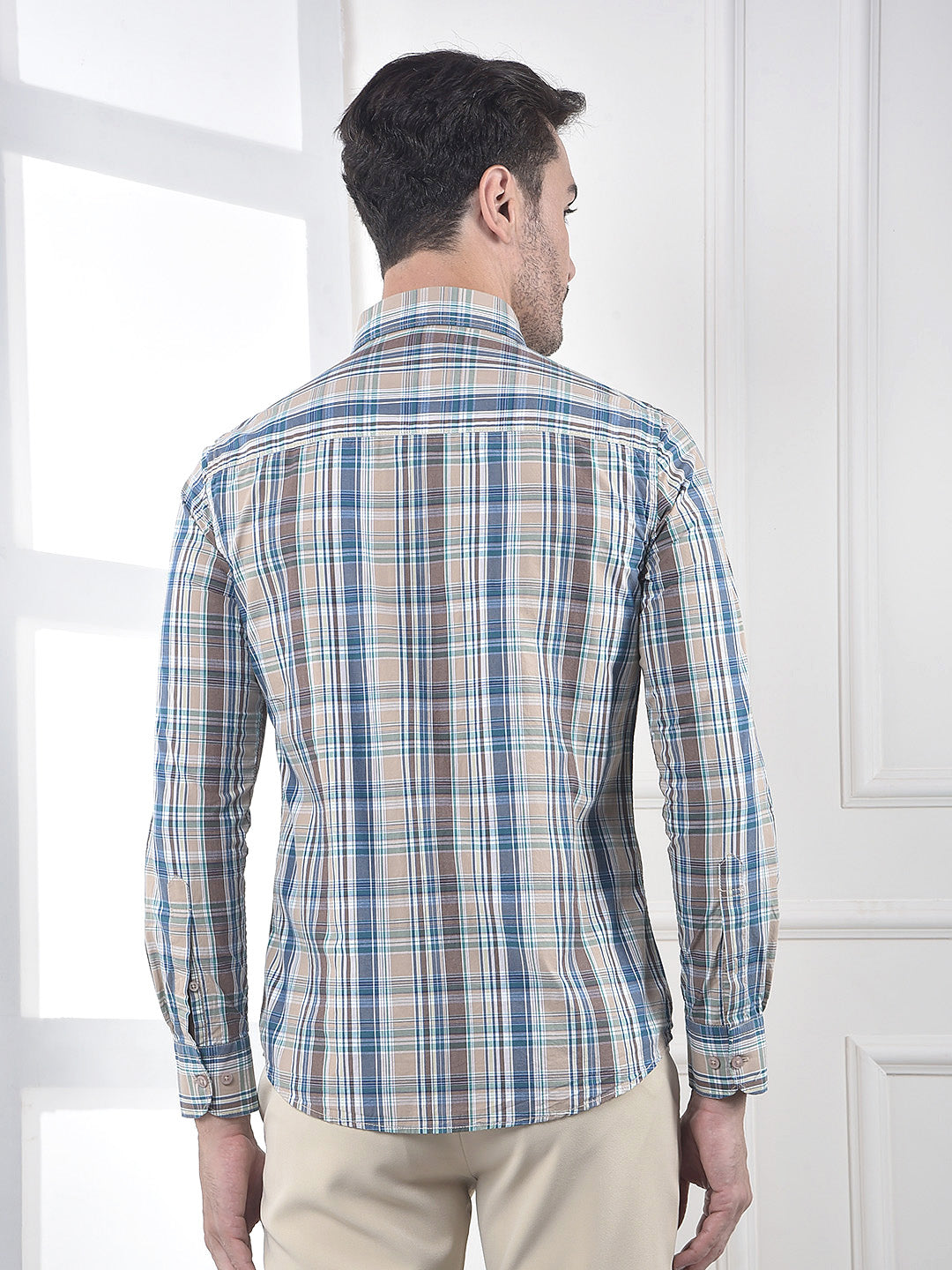 Brown Checked 100% Cotton Button-Down Collar Shirt