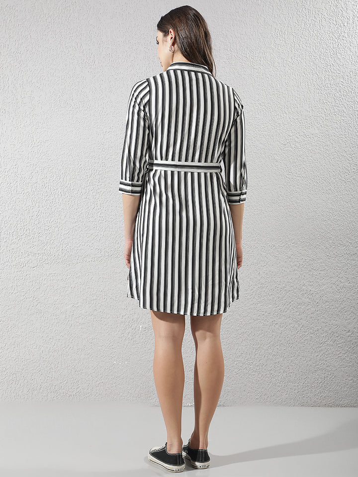 Black Vertical Stripes Belted Mini Shirt-Dress