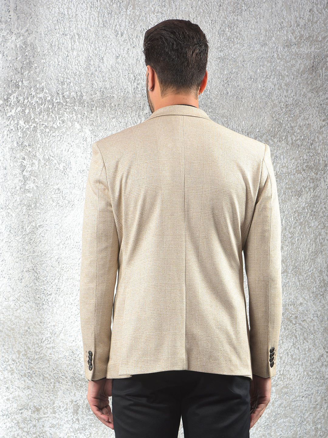 Beige Checked Notched Lapel Single-Breasted Blazer