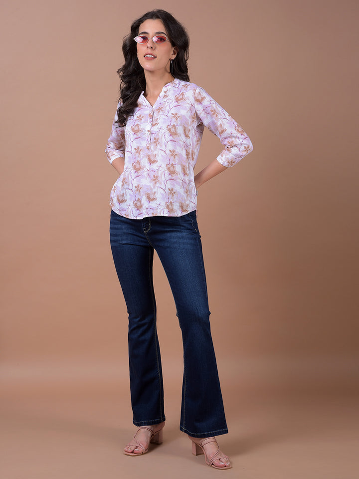 Pink Floral Print V-Neck Linen Top