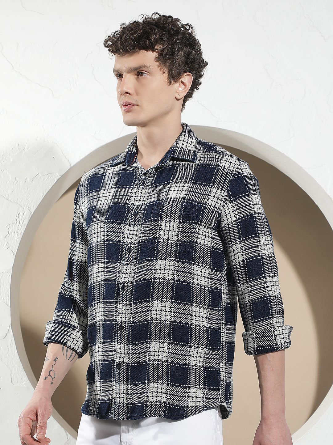 Navy Blue 100% Cotton Checked Shirt