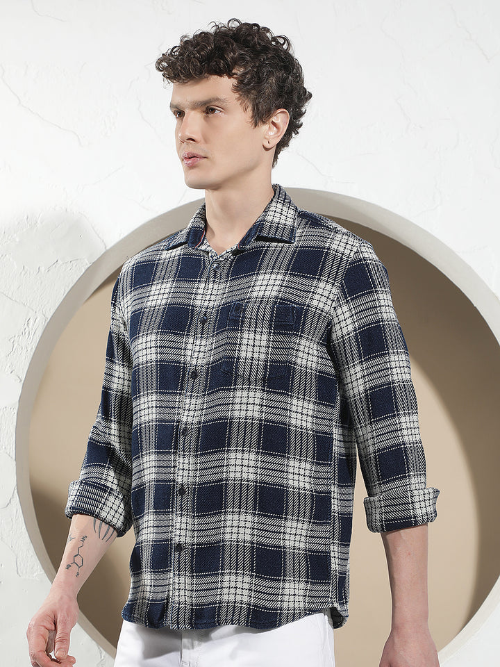 Navy Blue 100% Cotton Checked Shirt
