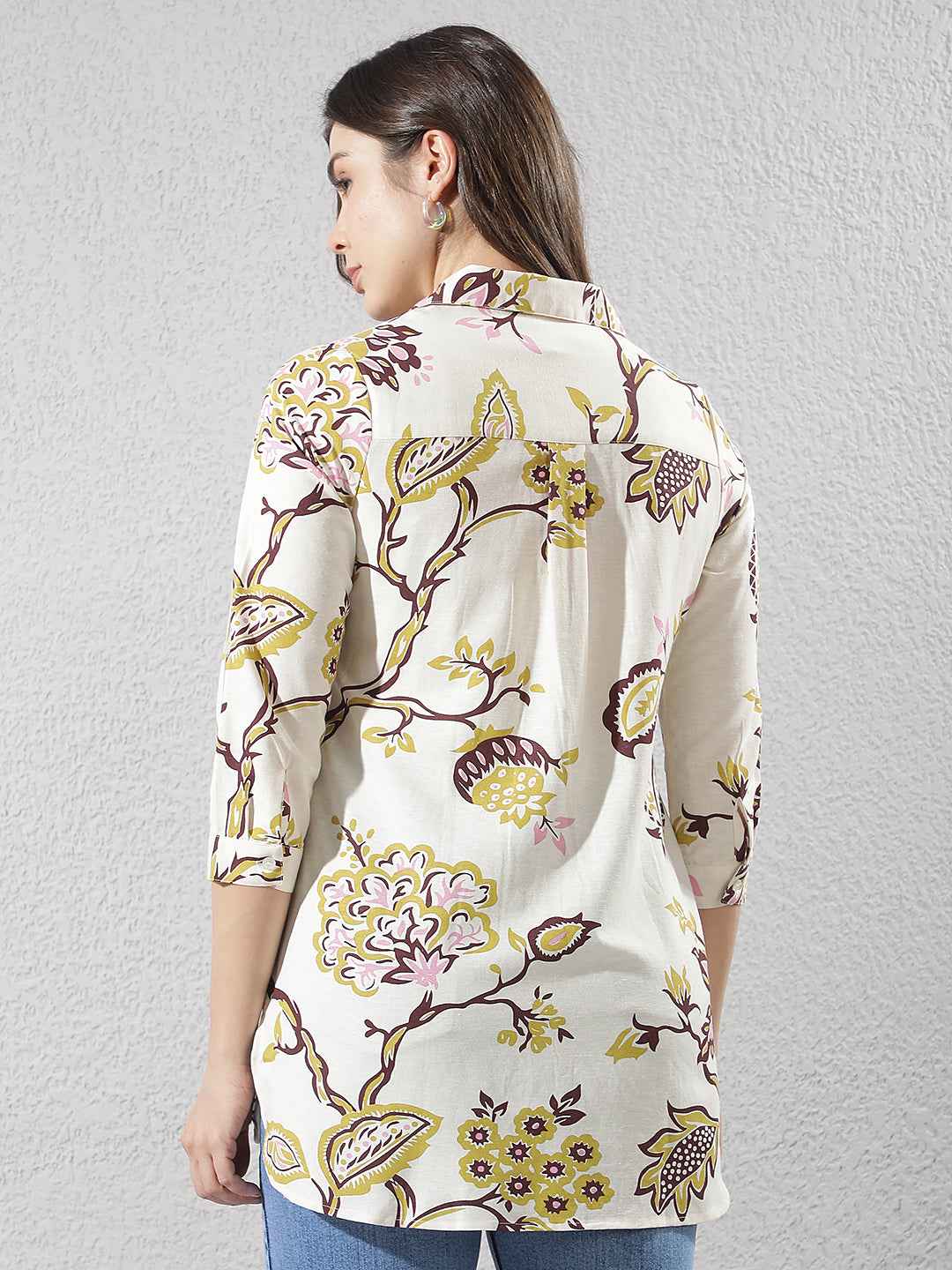Multi-Color Botanical Print Longline Linen Shirt