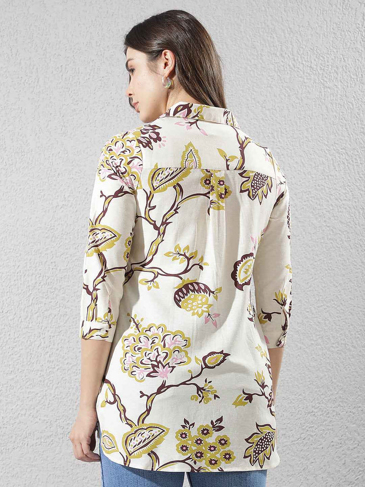 Multi-Color Botanical Print Longline Linen Shirt
