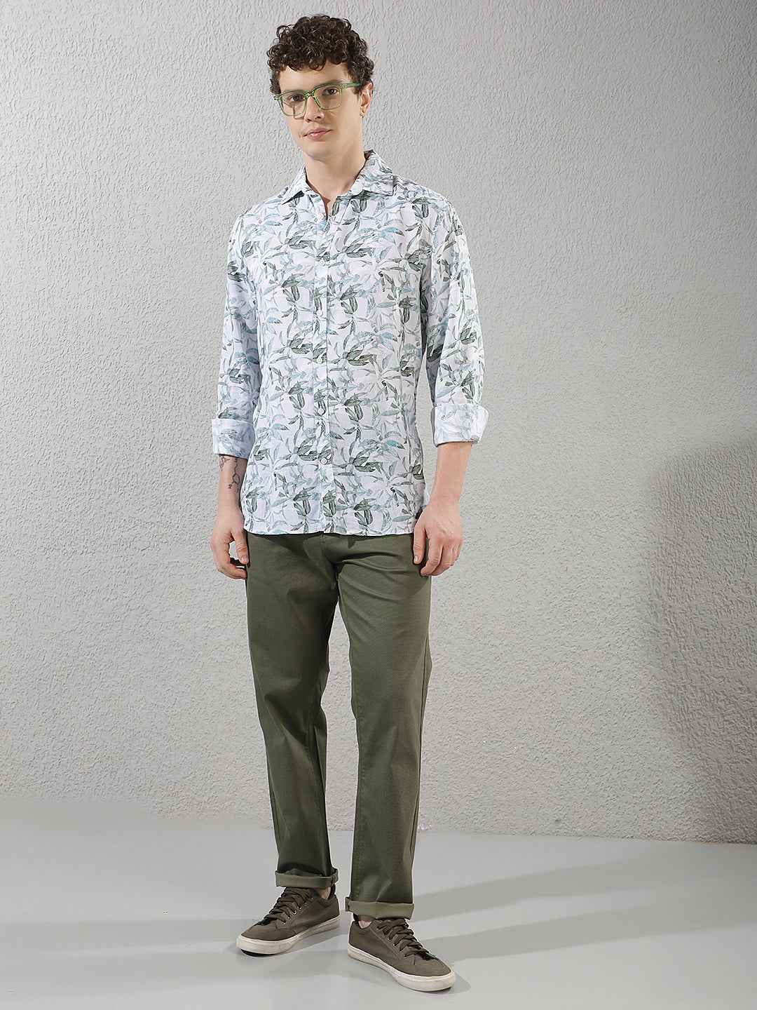 Green Botanical Print Linen Shirt