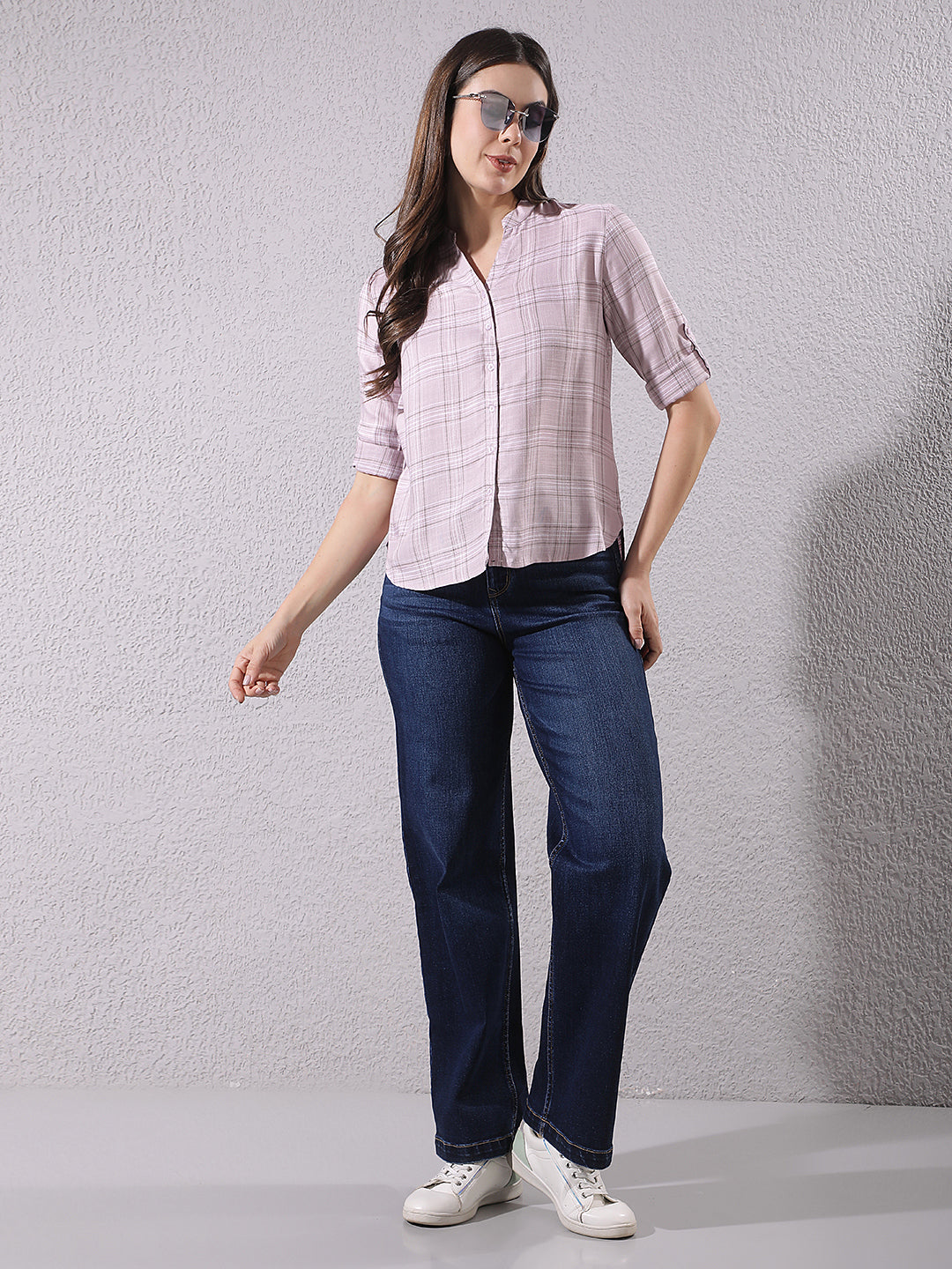 Purple Checked V-Neck Shirt