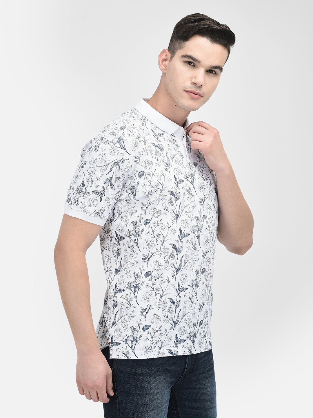 Blue Floral Print Polo Neck T-Shirt