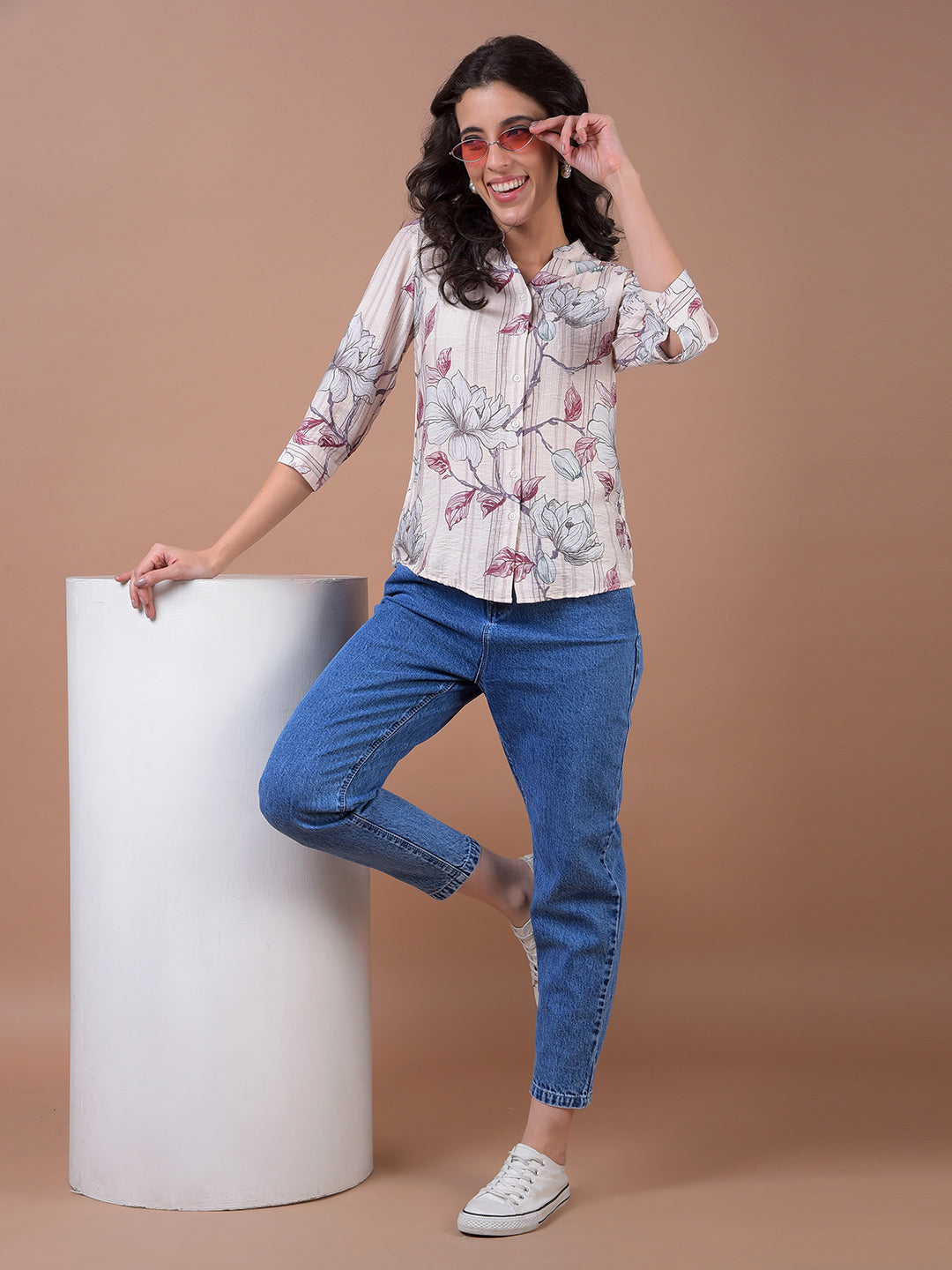 Maroon Floral Print V-Neck Shirt