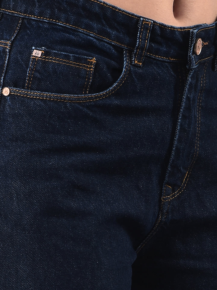 Flowy Navy Blue Wide-Leg Cotton Jeans-Women Jeans-Crimsoune Club
