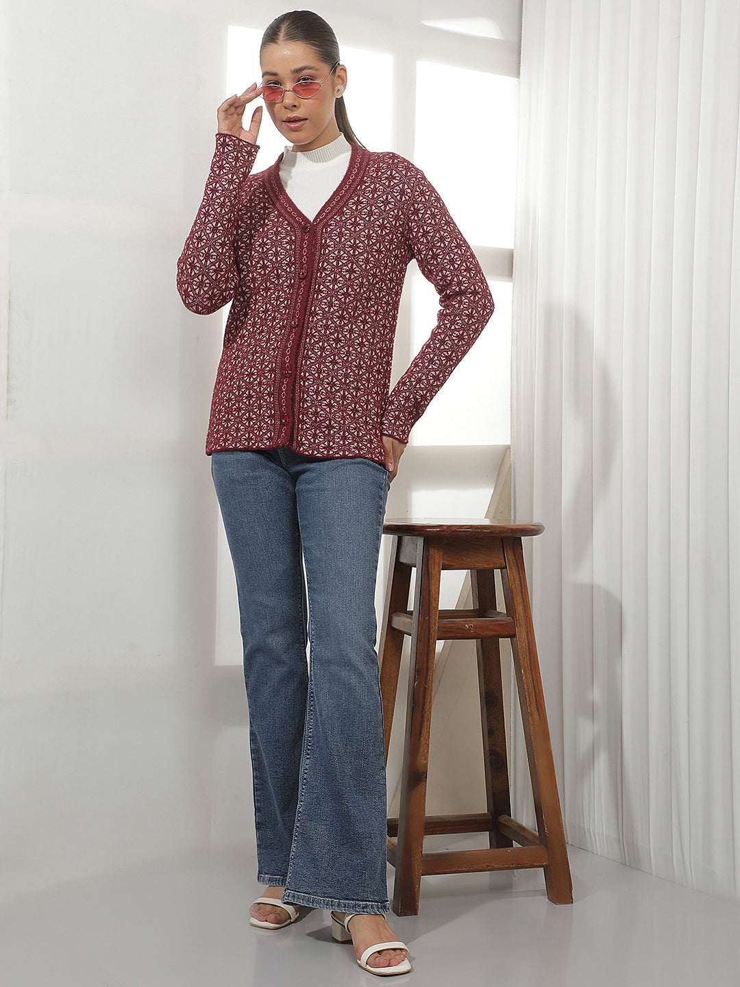Maroon Geomatric Print V-Neck Cardigan