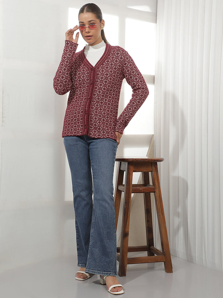 Maroon Geomatric Print V-Neck Cardigan