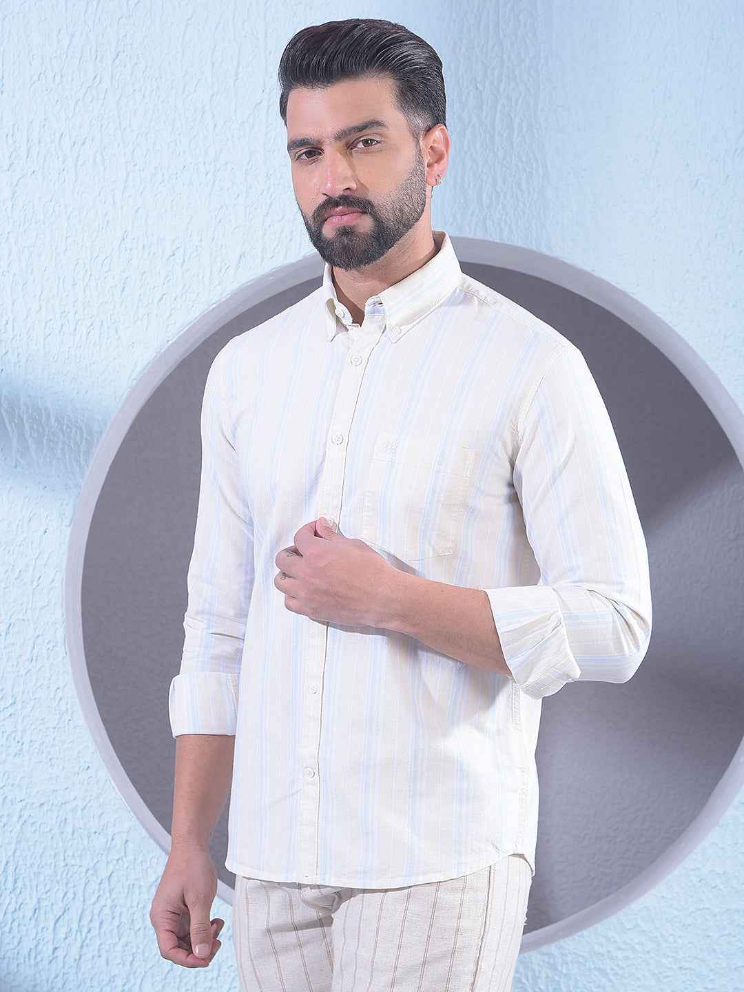 Yellow 100% Cotton Vertical Stripes Shirt