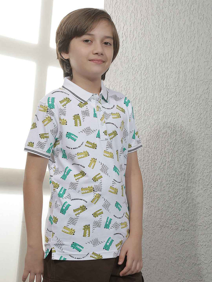White Abstract Print Polo T-Shirt
