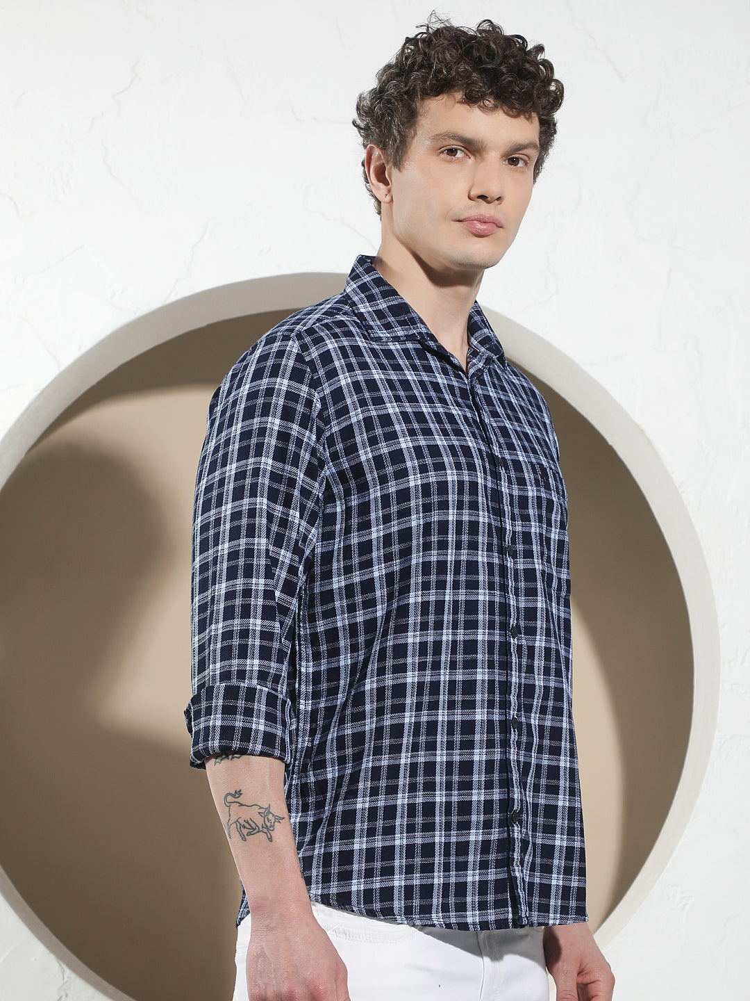 Navy Blue 100% Cotton Checked Shirt