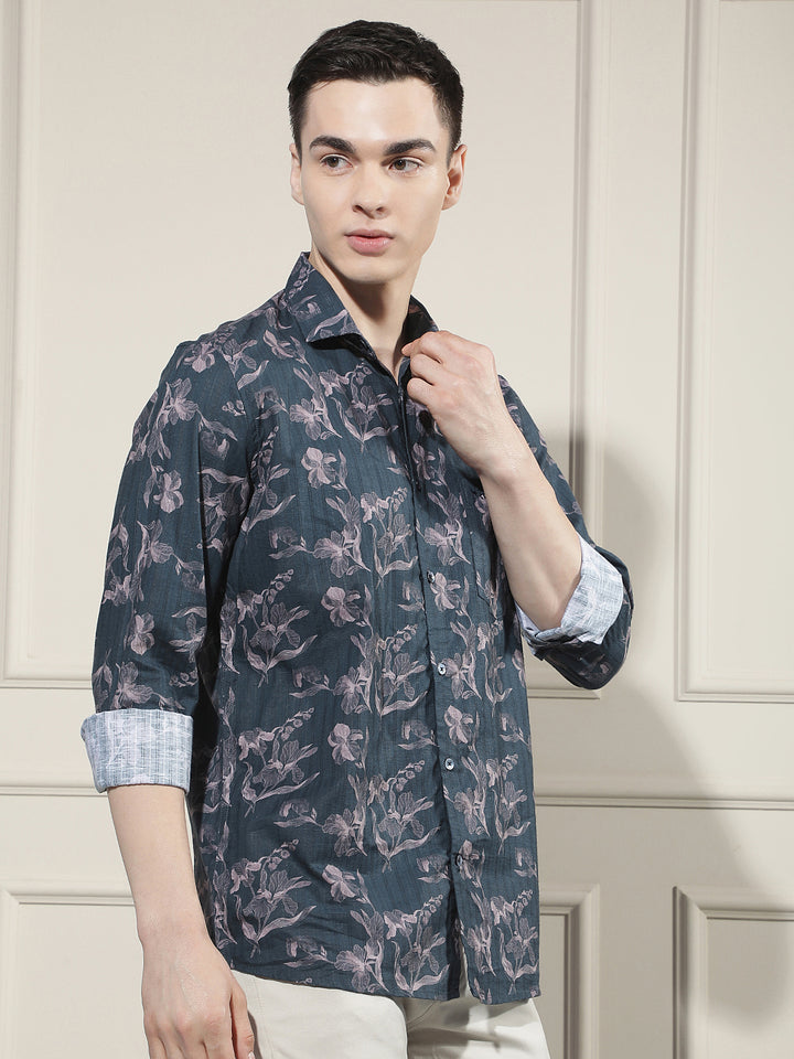 Navy Blue Floral Print Shirt