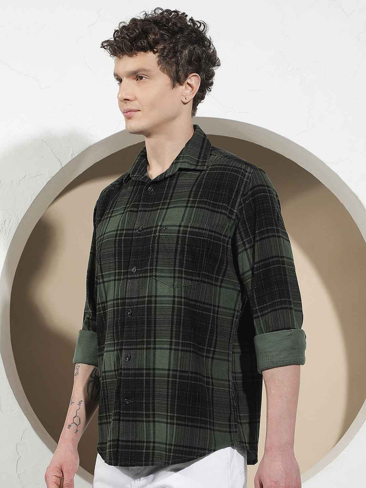 Green 100% Cotton Corduroy Checked Shirt