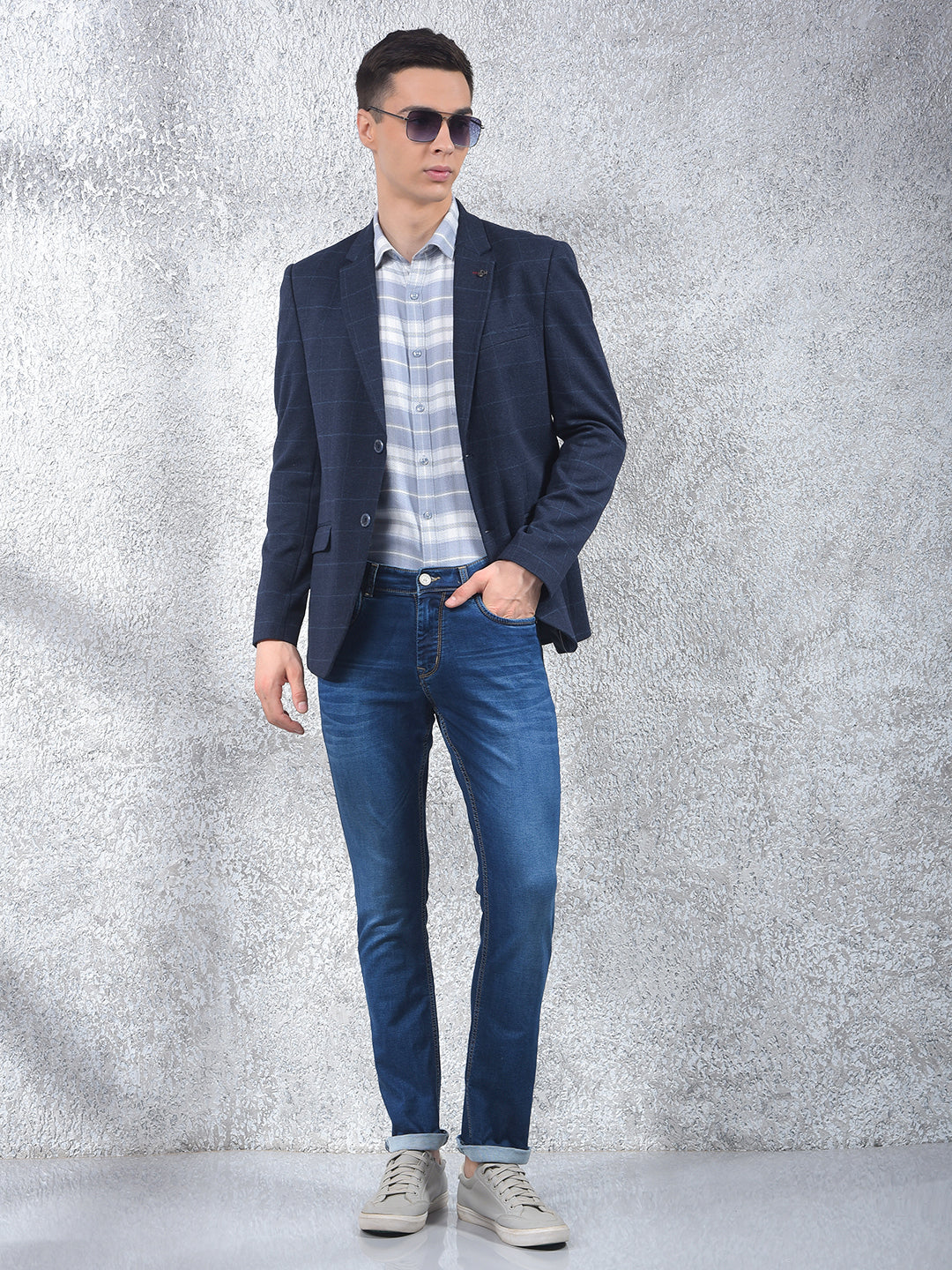 Navy Blue Checked Notched Lapel Single Breasted Blazer