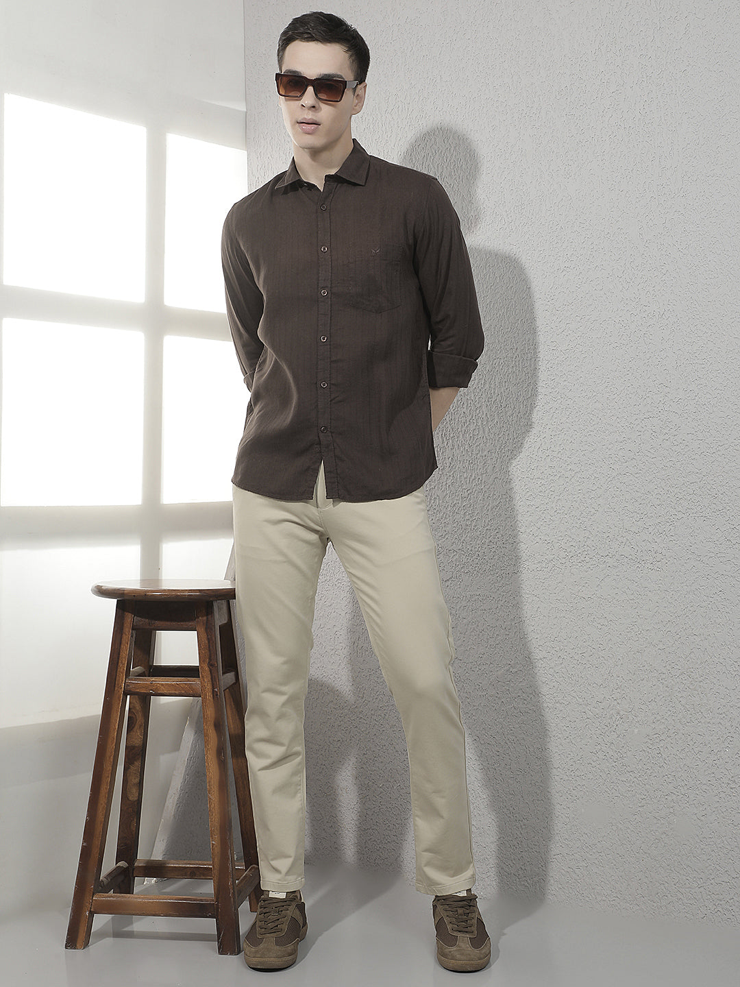 Brown Vertical Stripes Linen Shirt