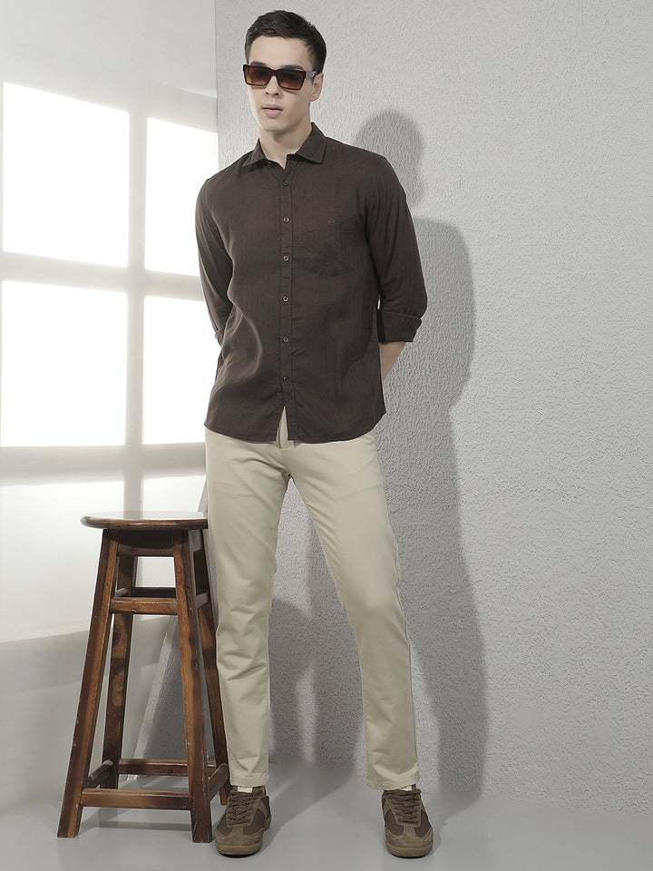 Brown Vertical Stripes Linen Shirt
