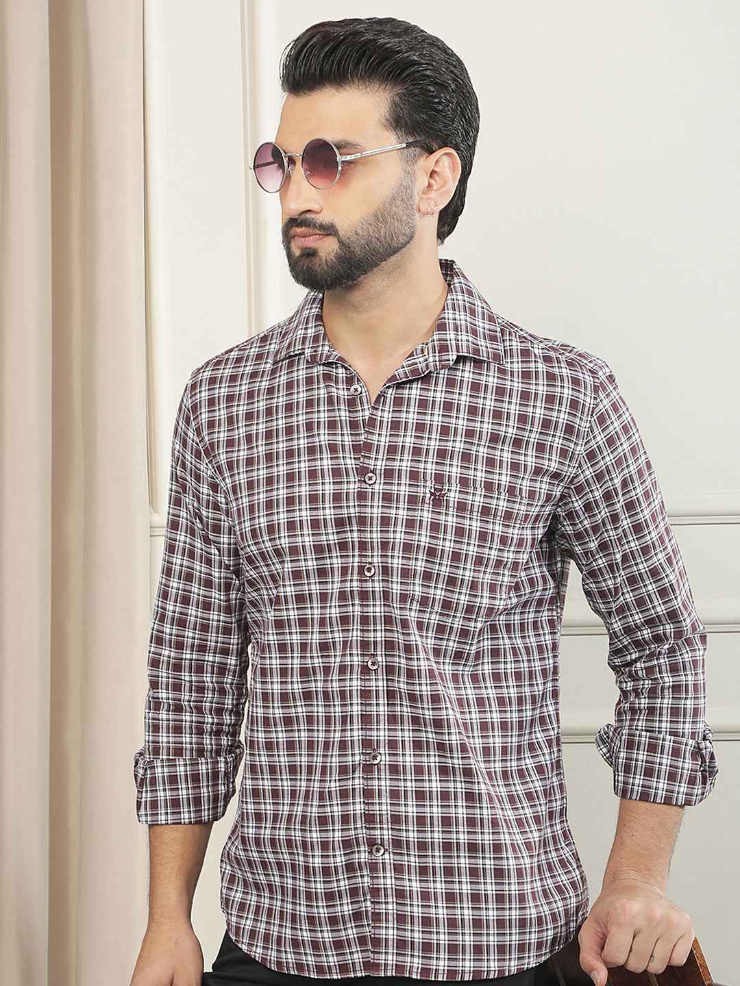 Wine Checked 100% Cotton Shirt