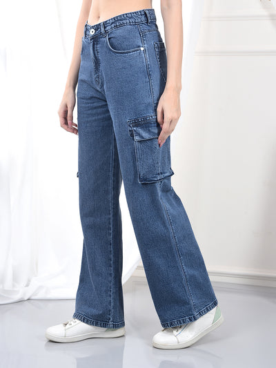Blue Wide Leg 100% Cotton Cargo Jeans