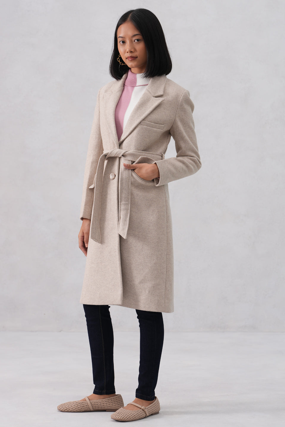 Beige Single Breasted Overcoat