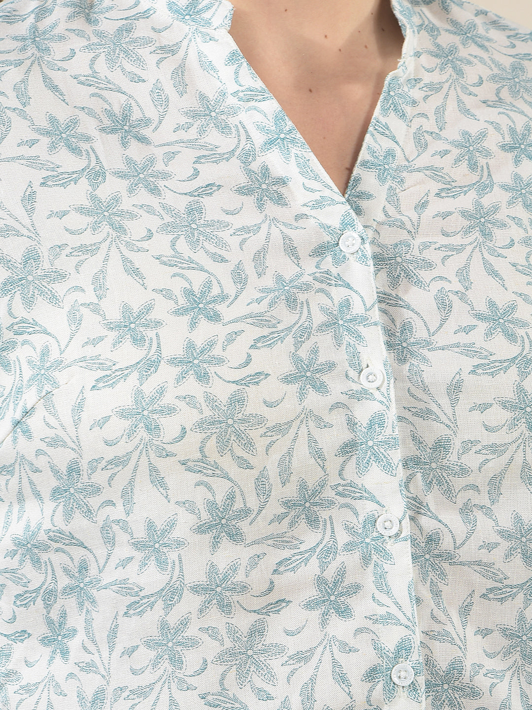 Green Floral Print V-Neck Linen Shirt
