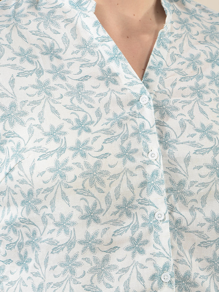 Green Floral Print V-Neck Linen Shirt