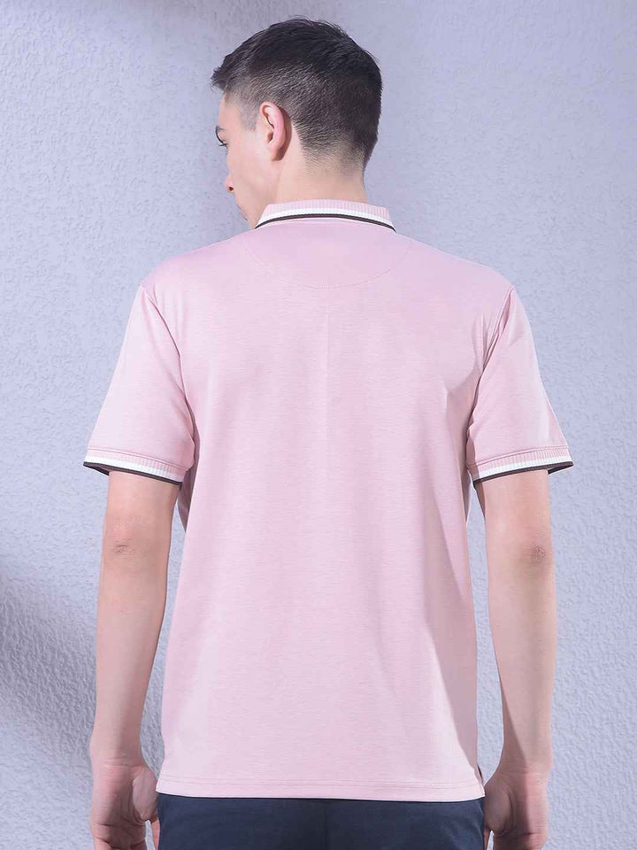 Pink Polo Neck T-Shirt with Zip Closure