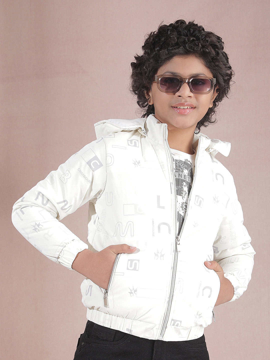 White Printed Hooded Puffer Jacket