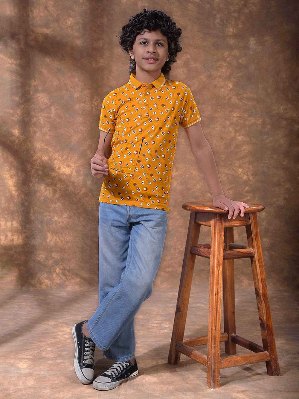 Mustard Printed Polo Neck T-Shirt