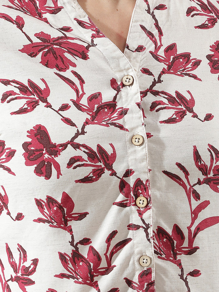 Red Floral Print V-Neck Linen Shirt