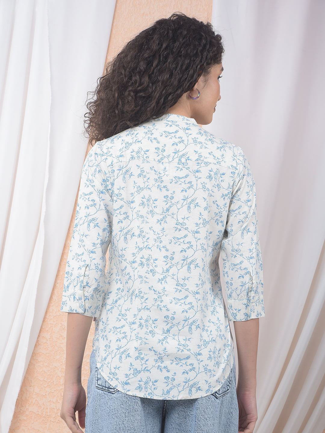 Aqua Blue Floral Printed Boxy Linen Top