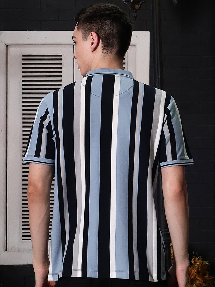 Navy Blue Vertical Striped Polo Neck T-Shirt