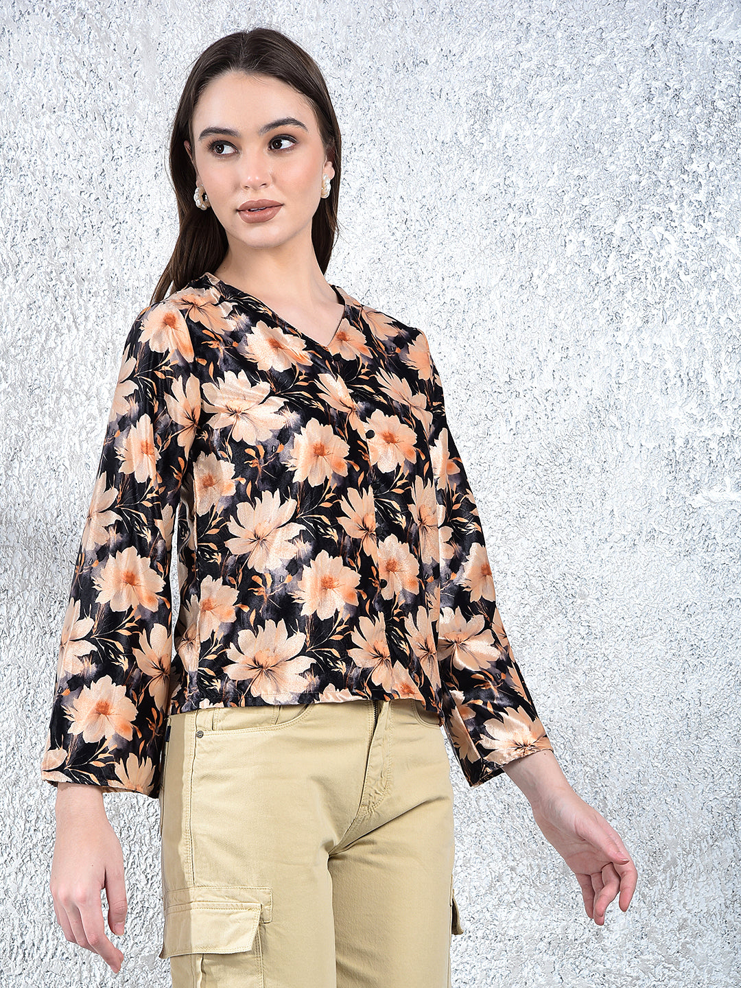 Peach Floral Print V-Neck Top