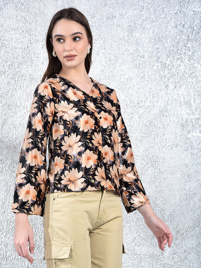 Peach Floral Print V-Neck Top