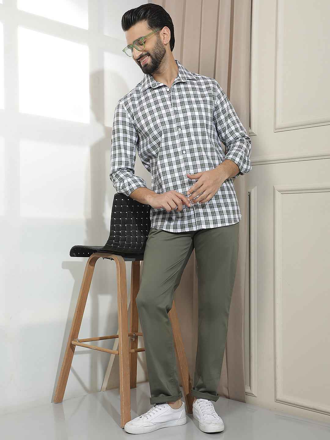 Olive Dobby Straight Trousers