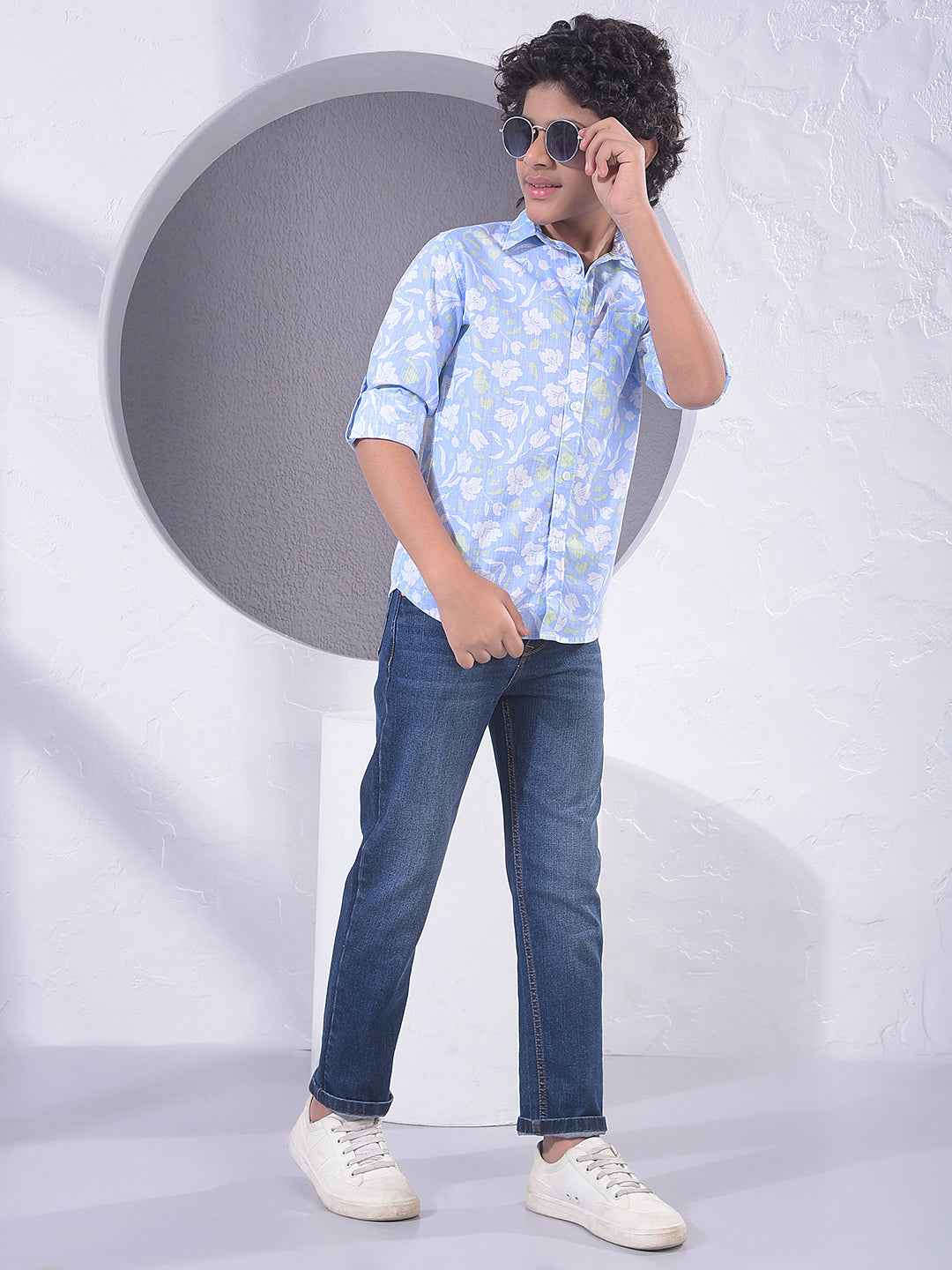 Blue Floral Print 100% Cotton Shirt