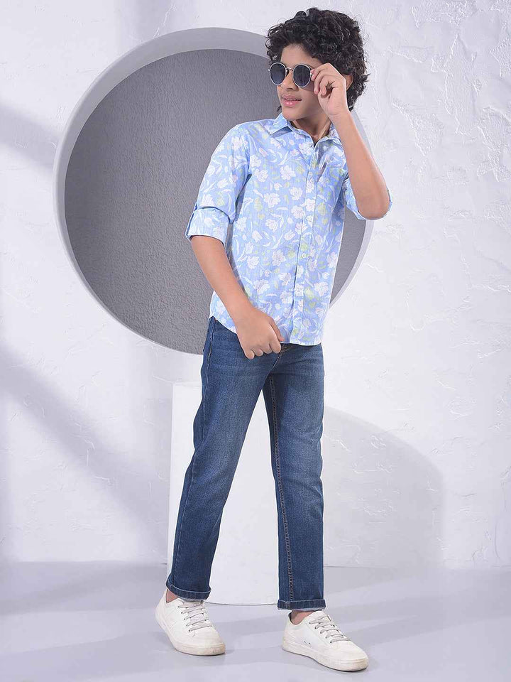 Blue Floral Print 100% Cotton Shirt