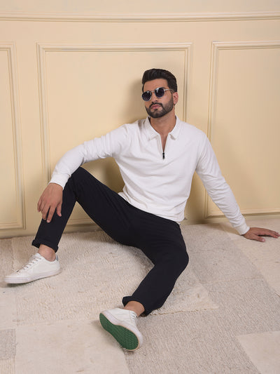 White Jacquard Polo Neck Knitted Sweatshirt