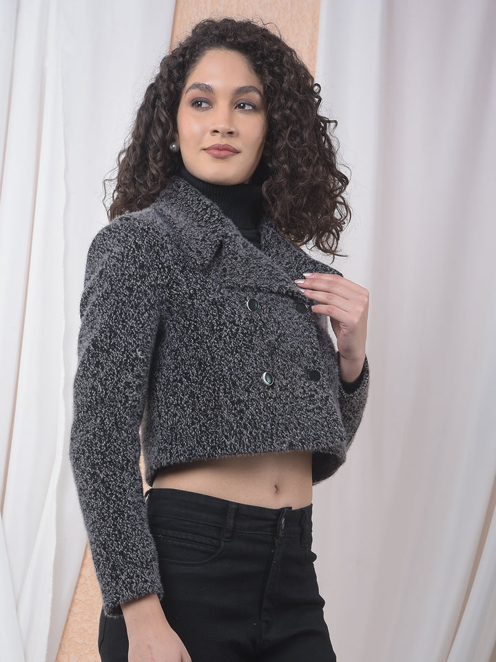 Black Notched Lapel Cropped Fur Coat