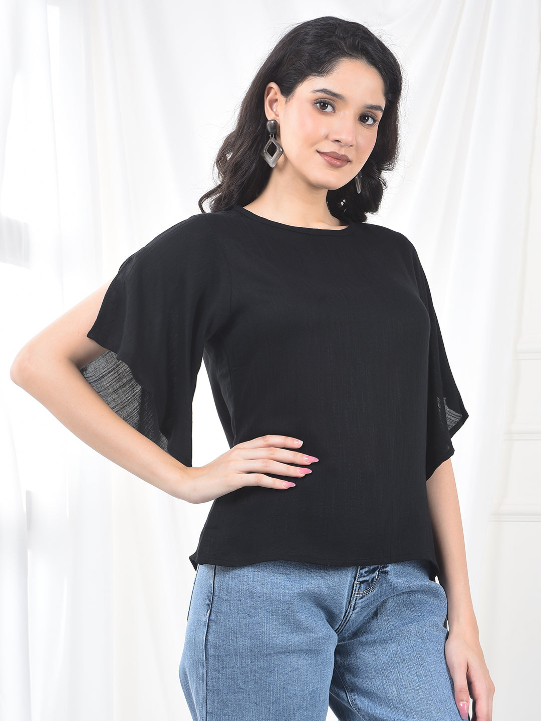 Black Crepe Flutter Sleeve Top