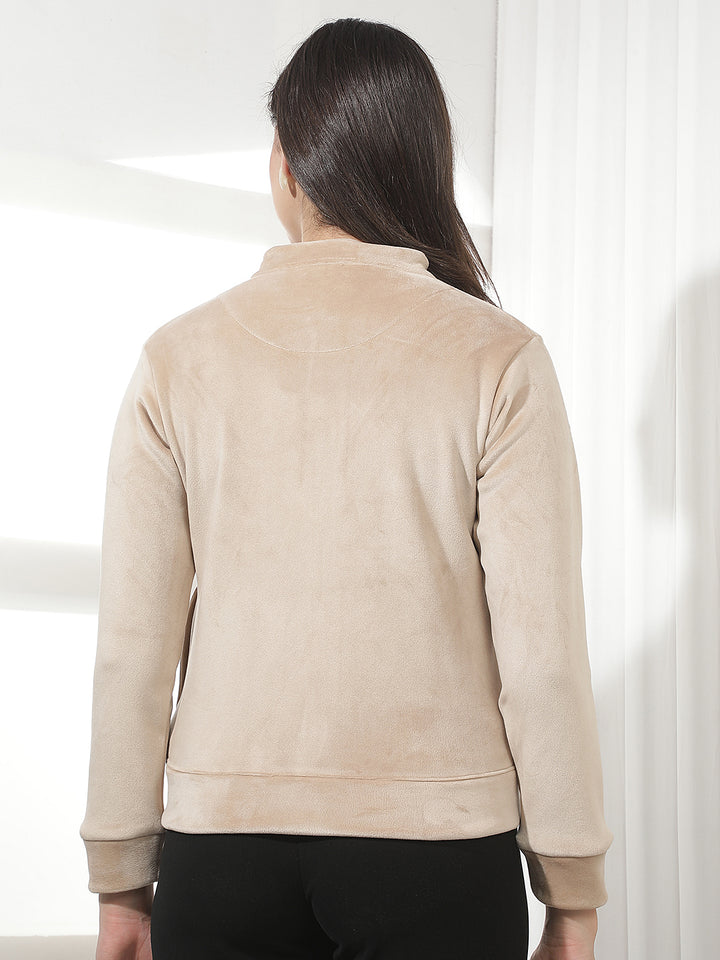 Beige Jacquard High Neck Sweatshirt