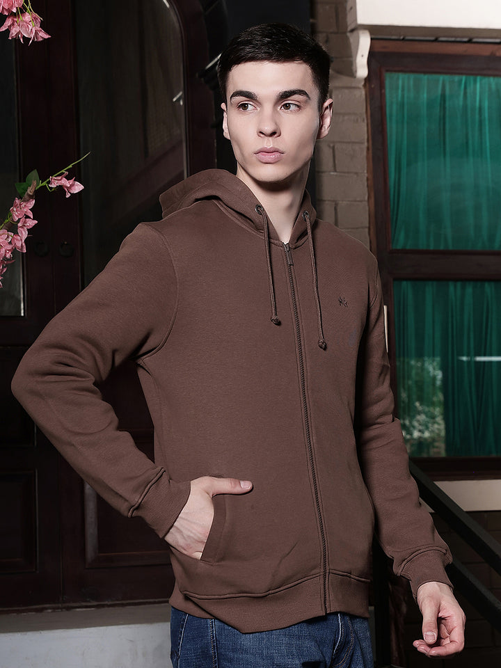 Brown Hooded Neck Front Open Sweatshirt