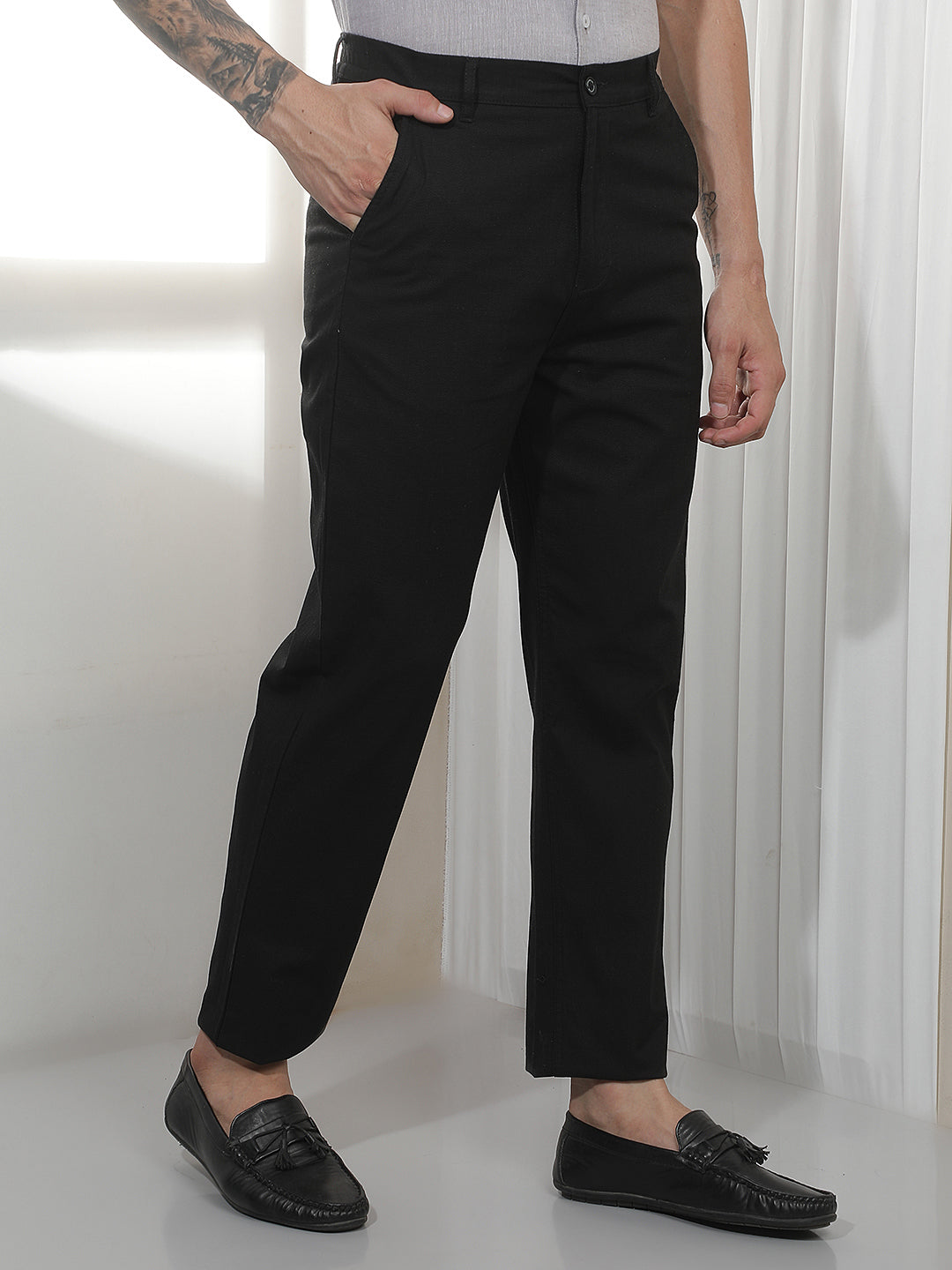 Black Textured Cotton Trousers