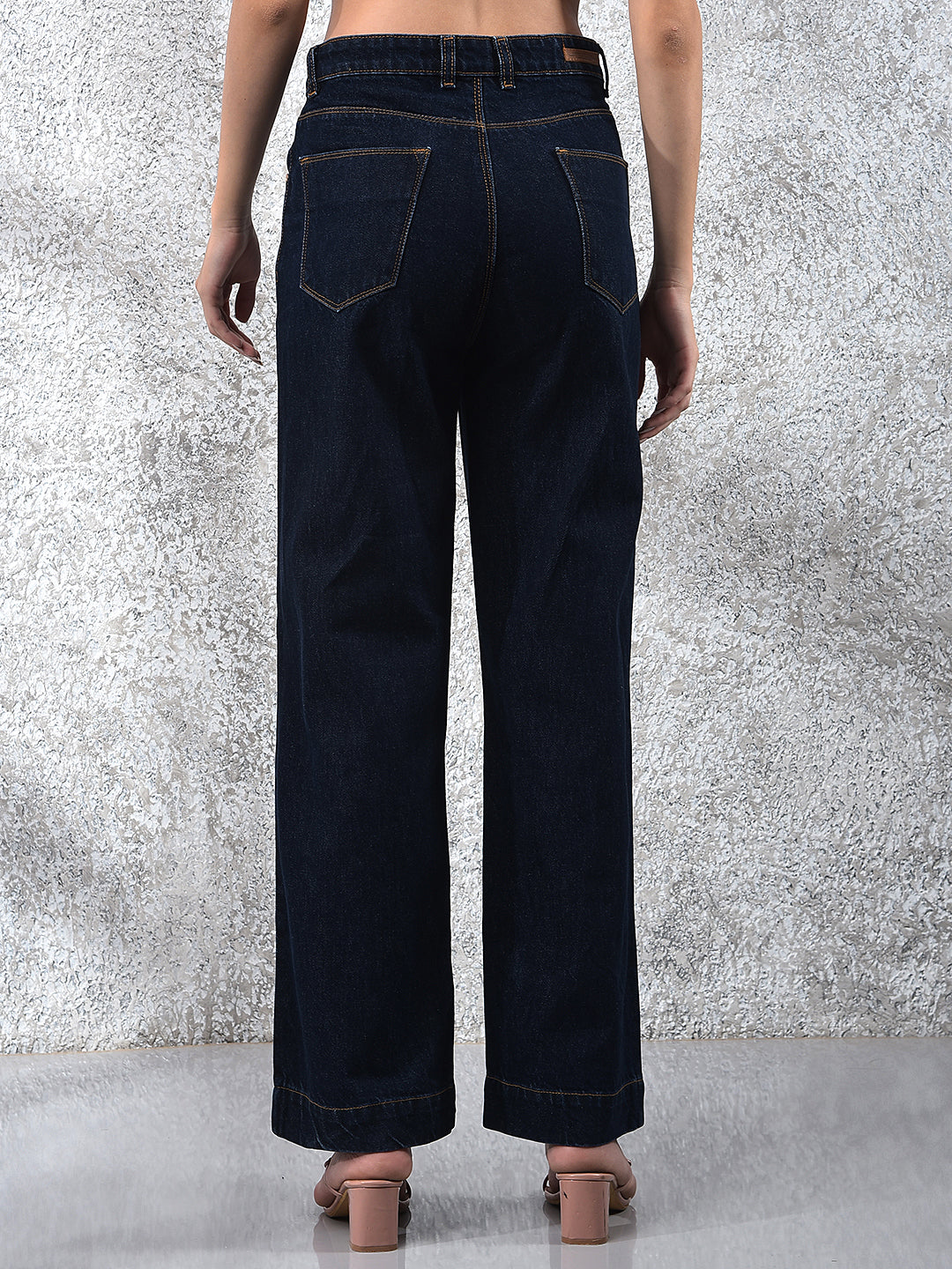 Flowy Navy Blue Wide-Leg Cotton Jeans-Women Jeans-Crimsoune Club