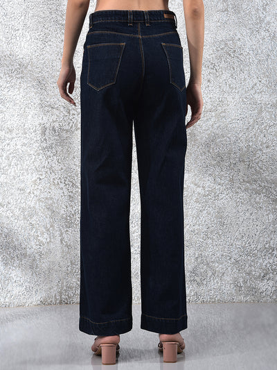 Flowy Navy Blue Wide-Leg Cotton Jeans-Women Jeans-Crimsoune Club