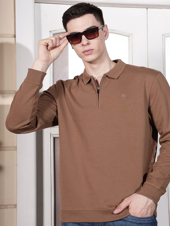 Brown Polo Neck Front Open Sweatshirt